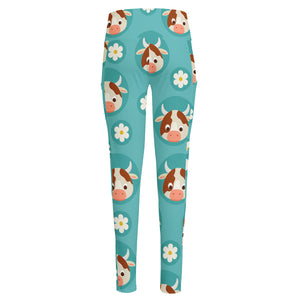 Cute Cow And Daisy Flower Pattern Print High-Waisted Pocket Leggings