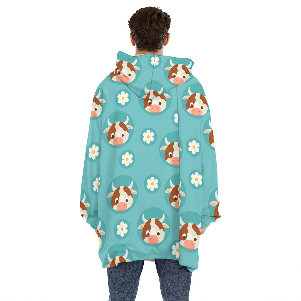 Cute Cow And Daisy Flower Pattern Print Hoodie Blanket