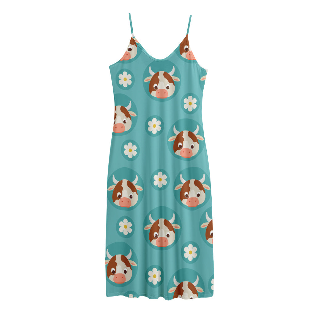 Cute Cow And Daisy Flower Pattern Print Jersey Midi Cami Dress