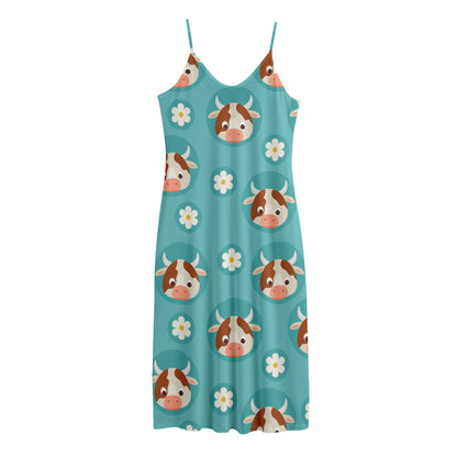 Cute Cow And Daisy Flower Pattern Print Jersey Midi Cami Dress