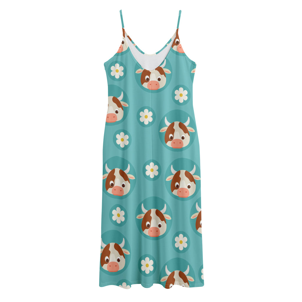 Cute Cow And Daisy Flower Pattern Print Jersey Midi Cami Dress