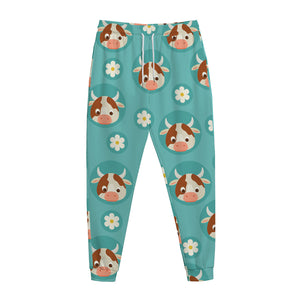 Cute Cow And Daisy Flower Pattern Print Jogger Pants