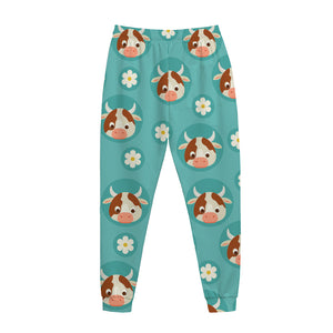 Cute Cow And Daisy Flower Pattern Print Jogger Pants