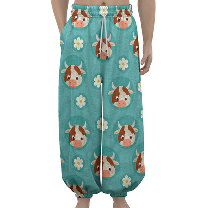 Cute Cow And Daisy Flower Pattern Print Lantern Pants
