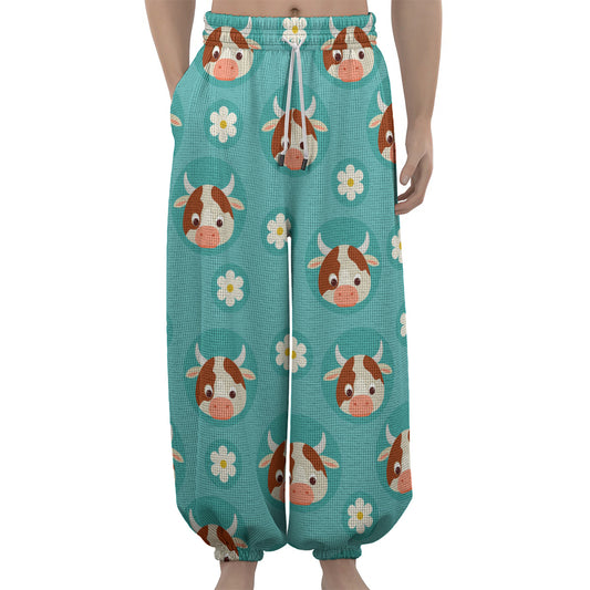Cute Cow And Daisy Flower Pattern Print Lantern Pants