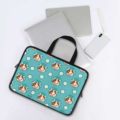 Cute Cow And Daisy Flower Pattern Print Laptop Sleeve With Handle
