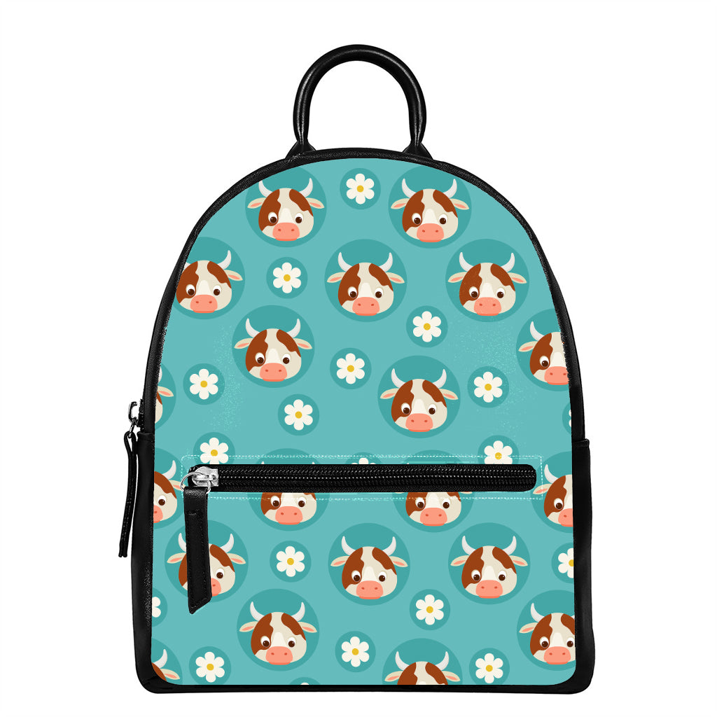 Cute Cow And Daisy Flower Pattern Print Leather Backpack