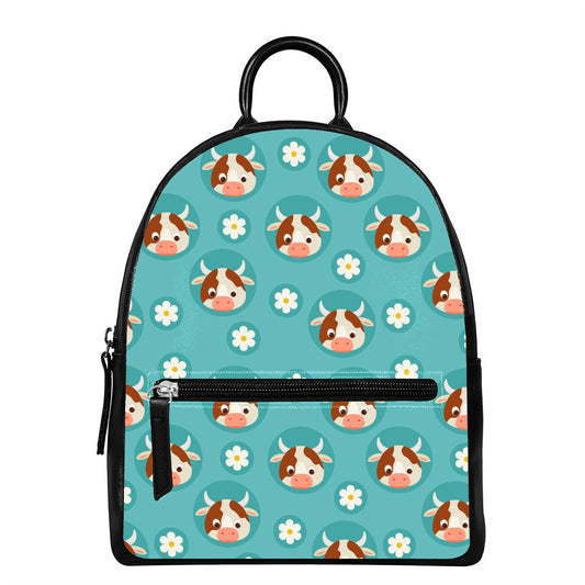 Cute Cow And Daisy Flower Pattern Print Leather Backpack