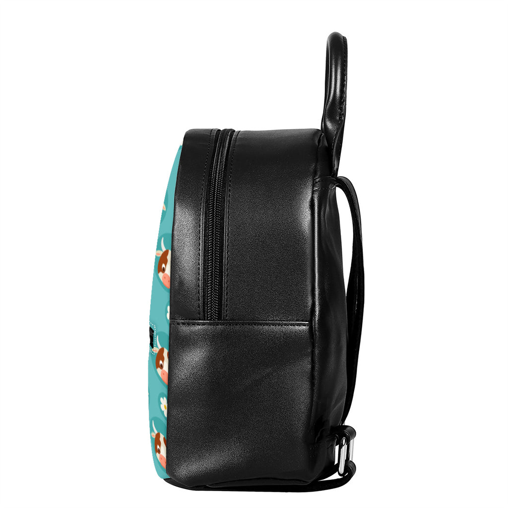Cute Cow And Daisy Flower Pattern Print Leather Backpack