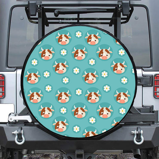 Cute Cow And Daisy Flower Pattern Print Leather Spare Tire Cover
