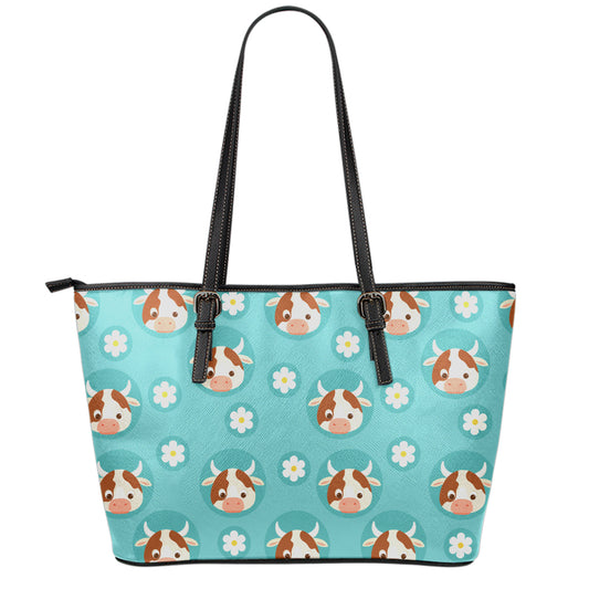 Cute Cow And Daisy Flower Pattern Print Leather Tote Bag