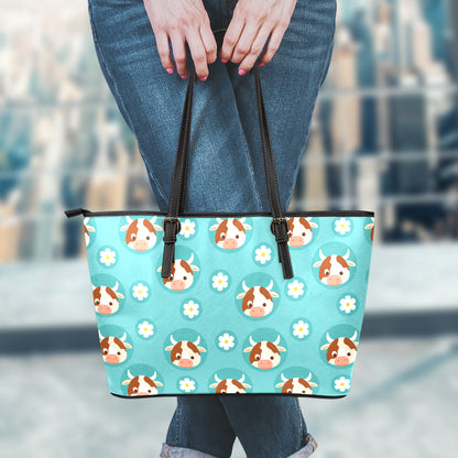 Cute Cow And Daisy Flower Pattern Print Leather Tote Bag
