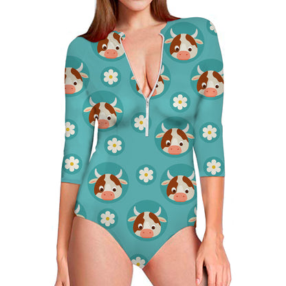 Cute Cow And Daisy Flower Pattern Print Long Sleeve Swimsuit