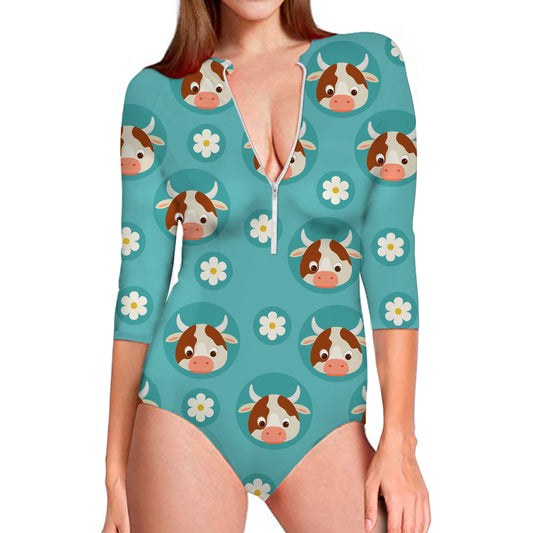 Cute Cow And Daisy Flower Pattern Print Long Sleeve Swimsuit