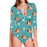 Cute Cow And Daisy Flower Pattern Print Long Sleeve Swimsuit