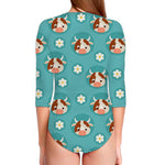 Cute Cow And Daisy Flower Pattern Print Long Sleeve Swimsuit