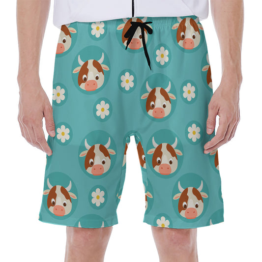 Cute Cow And Daisy Flower Pattern Print Men's Beach Shorts