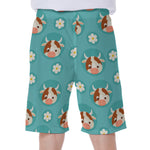 Cute Cow And Daisy Flower Pattern Print Men's Beach Shorts