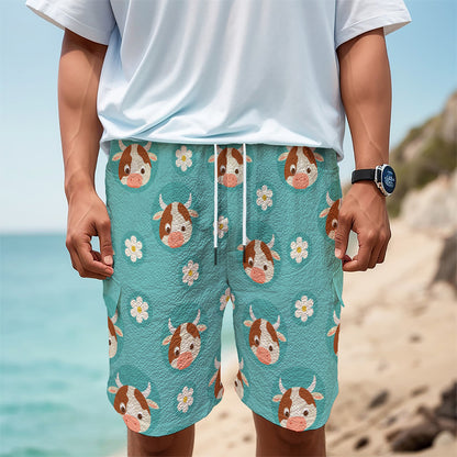 Cute Cow And Daisy Flower Pattern Print Men's Cargo Shorts
