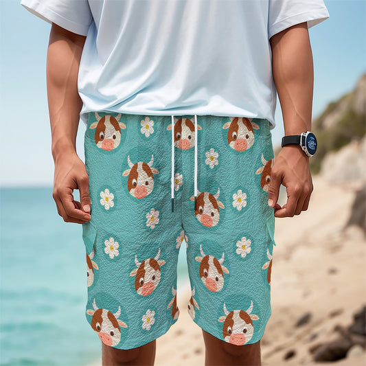 Cute Cow And Daisy Flower Pattern Print Men's Cargo Shorts
