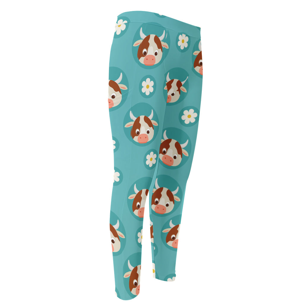 Cute Cow And Daisy Flower Pattern Print Men's Compression Pants