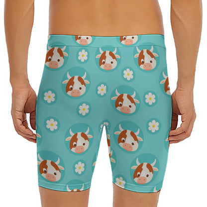Cute Cow And Daisy Flower Pattern Print Men's Long Boxer Briefs