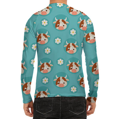 Cute Cow And Daisy Flower Pattern Print Men's Long Sleeve Rash Guard