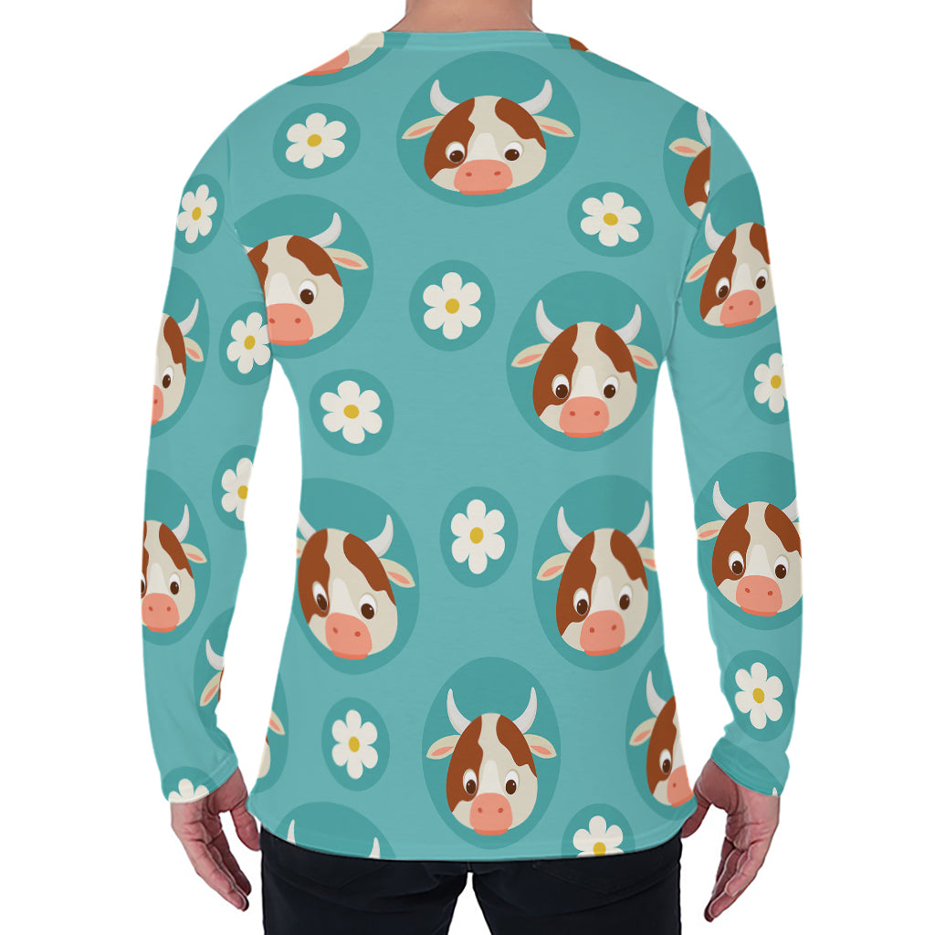 Cute Cow And Daisy Flower Pattern Print Men's Long Sleeve T-Shirt