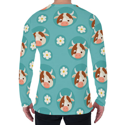 Cute Cow And Daisy Flower Pattern Print Men's Long Sleeve T-Shirt