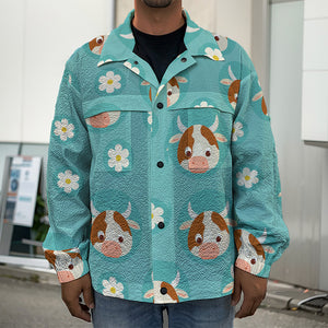 Cute Cow And Daisy Flower Pattern Print Men's Shirt Jacket