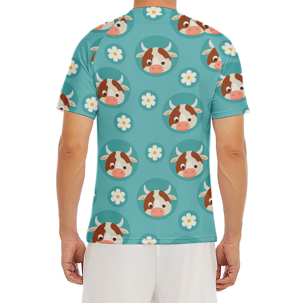 Cute Cow And Daisy Flower Pattern Print Men's Short Sleeve Rash Guard