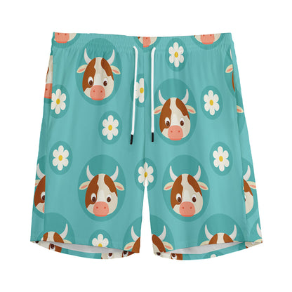 Cute Cow And Daisy Flower Pattern Print Men's Sports Shorts