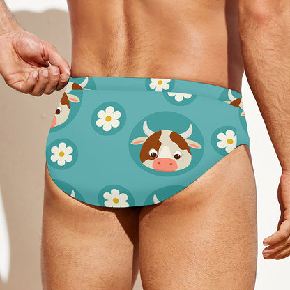 Cute Cow And Daisy Flower Pattern Print Men's Swim Briefs