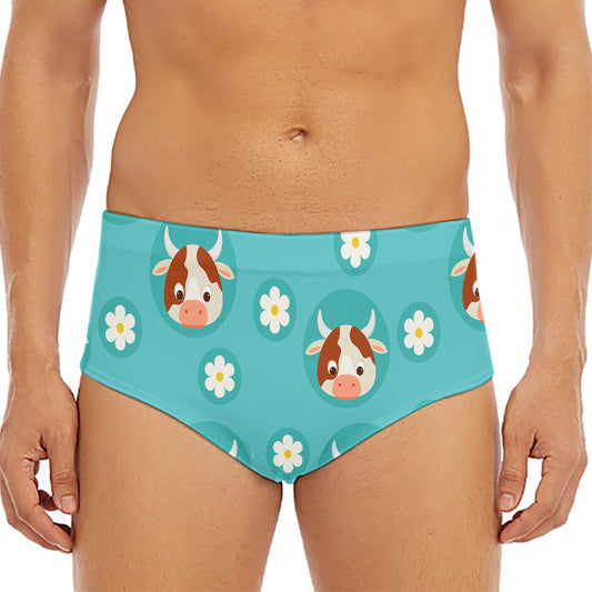 Cute Cow And Daisy Flower Pattern Print Men's Triangle Swim Briefs