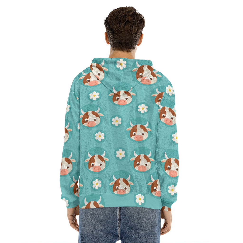Cute Cow And Daisy Flower Pattern Print Men's Velvet Pullover Hoodie