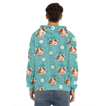 Cute Cow And Daisy Flower Pattern Print Men's Velvet Pullover Hoodie