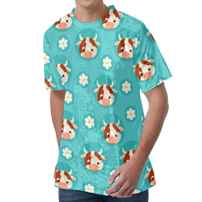 Cute Cow And Daisy Flower Pattern Print Men's Velvet T-Shirt