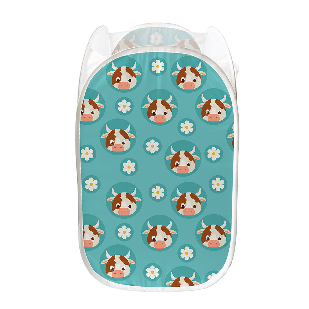 Cute Cow And Daisy Flower Pattern Print Mesh Laundry Hamper