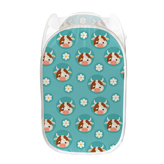 Cute Cow And Daisy Flower Pattern Print Mesh Laundry Hamper
