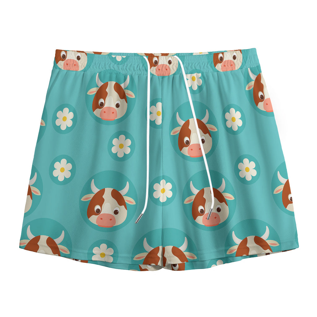Cute Cow And Daisy Flower Pattern Print Mesh Shorts