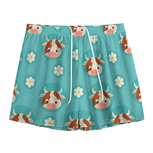 Cute Cow And Daisy Flower Pattern Print Mesh Shorts