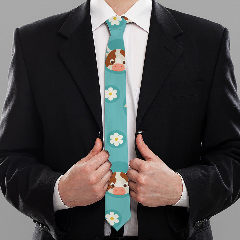 Cute Cow And Daisy Flower Pattern Print Necktie