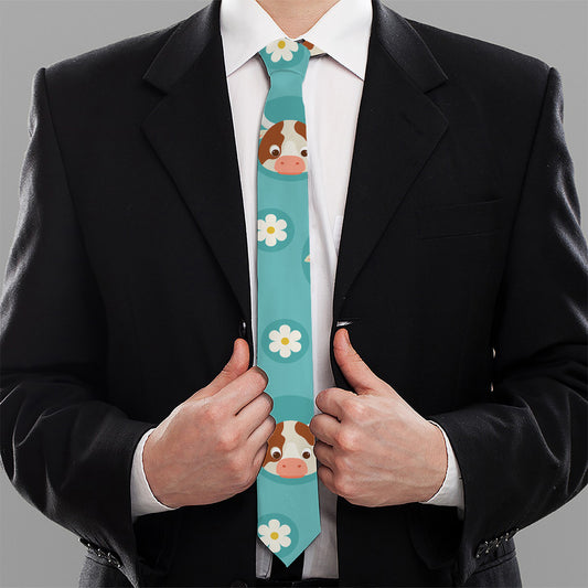 Cute Cow And Daisy Flower Pattern Print Necktie