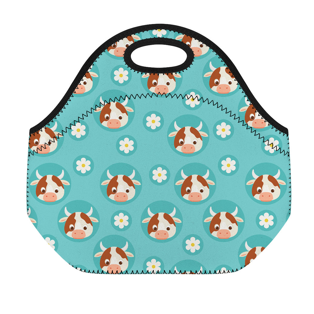 Cute Cow And Daisy Flower Pattern Print Neoprene Lunch Bag