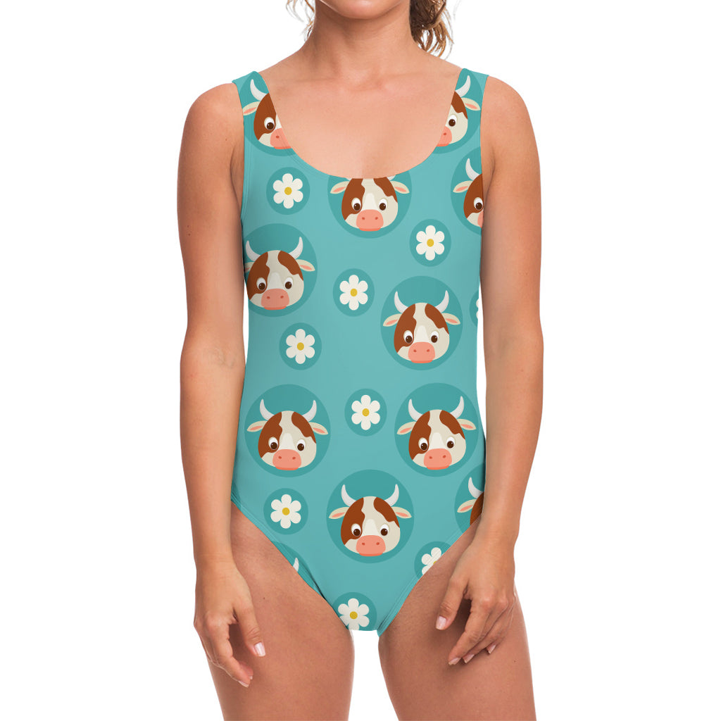 Cute Cow And Daisy Flower Pattern Print One Piece Swimsuit