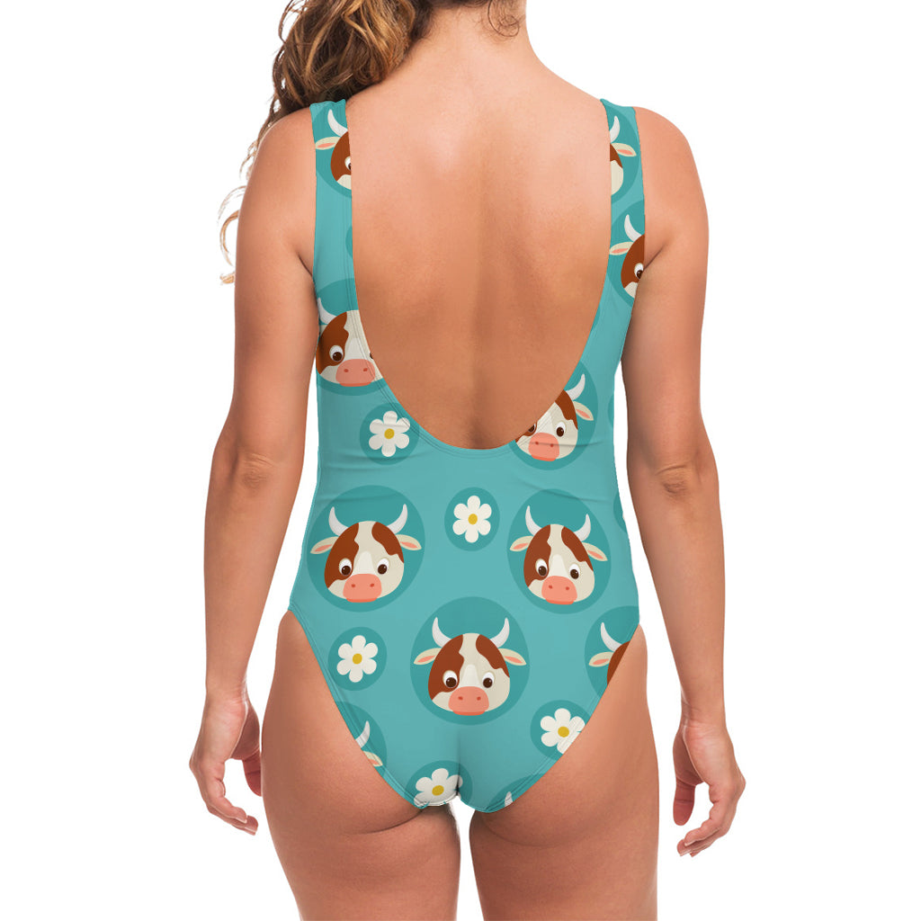 Cute Cow And Daisy Flower Pattern Print One Piece Swimsuit
