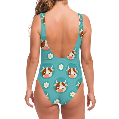 Cute Cow And Daisy Flower Pattern Print One Piece Swimsuit