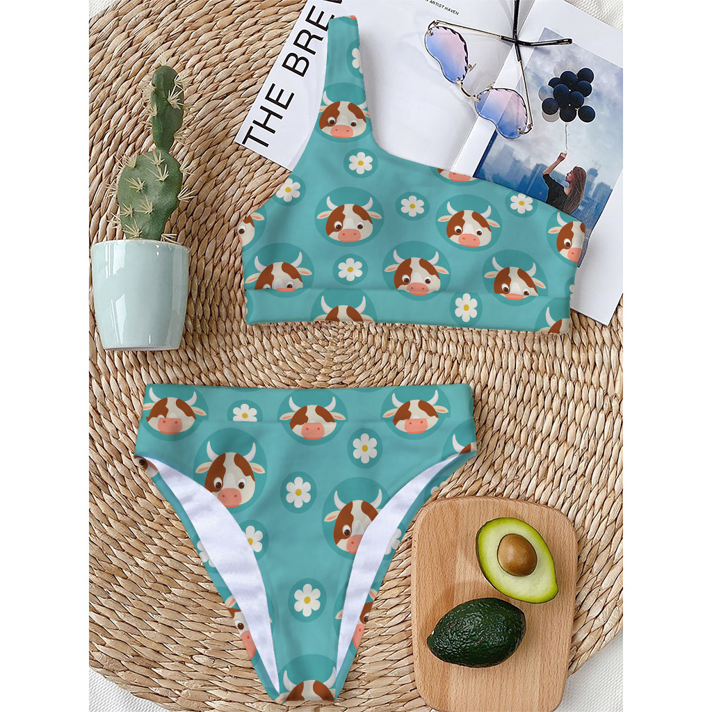 Cute Cow And Daisy Flower Pattern Print One Shoulder Bikini Top