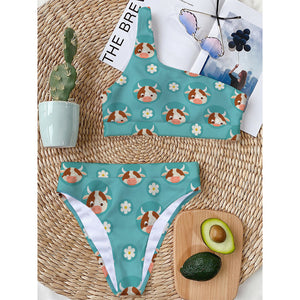 Cute Cow And Daisy Flower Pattern Print One Shoulder Bikini Top