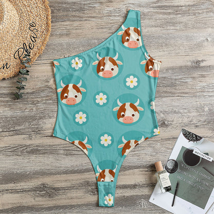 Cute Cow And Daisy Flower Pattern Print One Shoulder Bodysuit